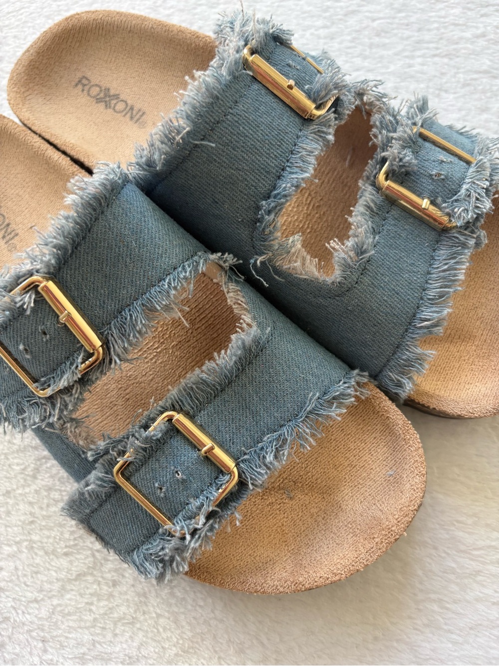 Blue Frayed Double-Buckle Slide Sandals - Picture 7 of 7